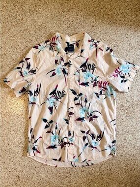 RVCA Cream Short-Sleeve Button-Up Shirt with Blue and Burgundy Floral Print